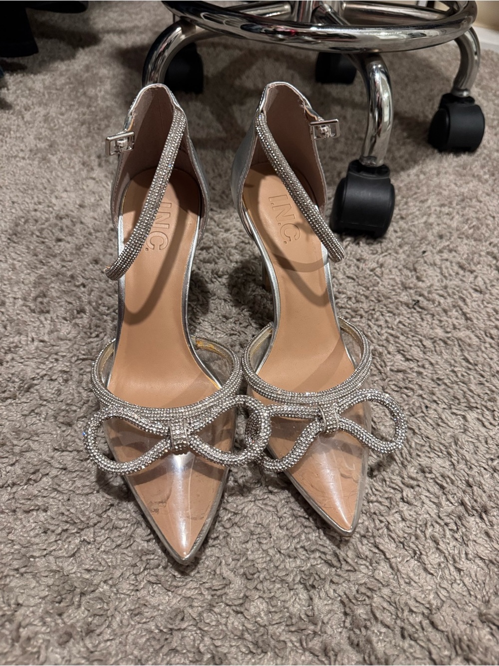 INC International Concepts Silver Rhinestone Bow Pointed-Toe Ankle-Strap Heels